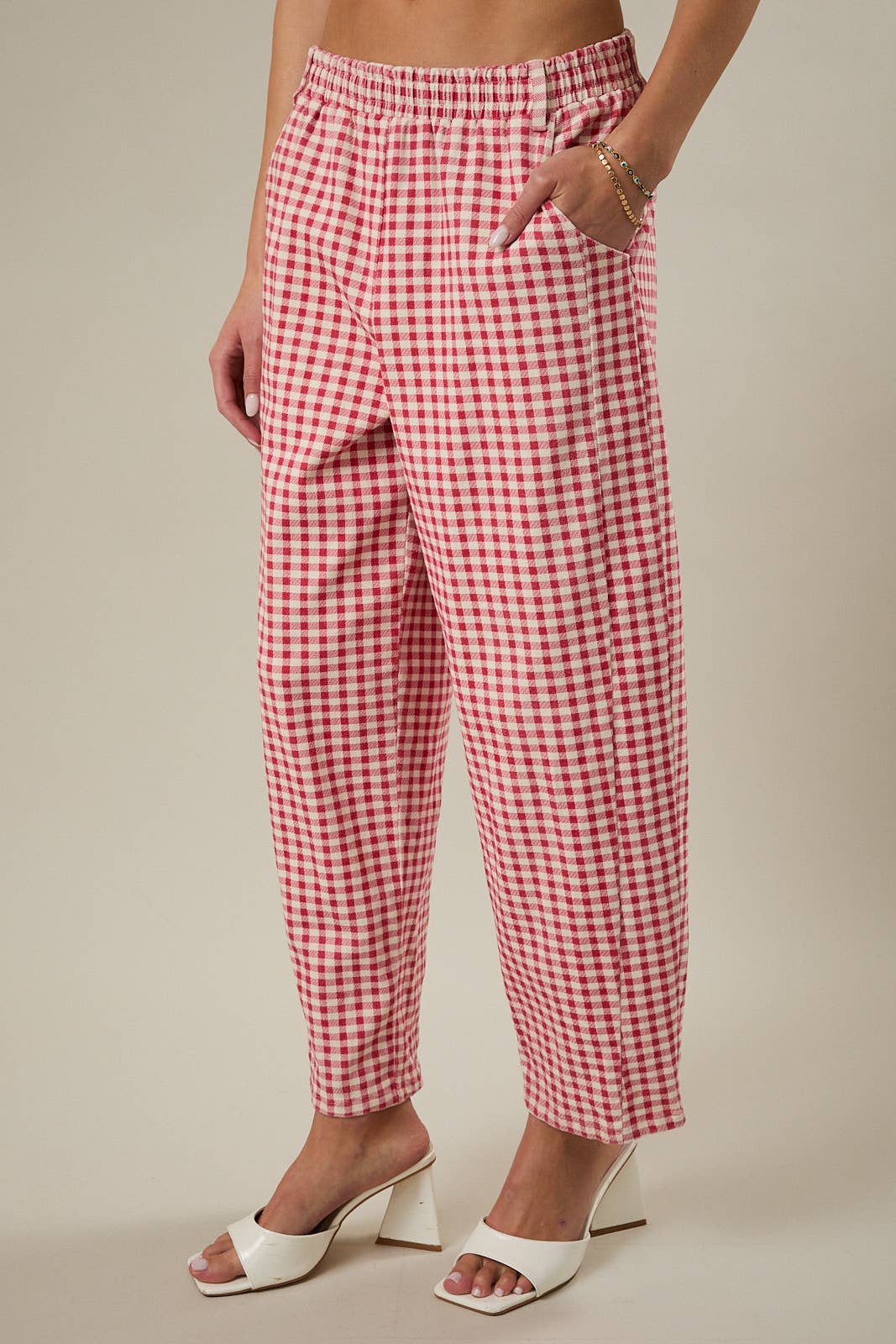 ELASTIC WAIST BAND GINGHAM PRINTED BARREL FIT TWILL PANTS