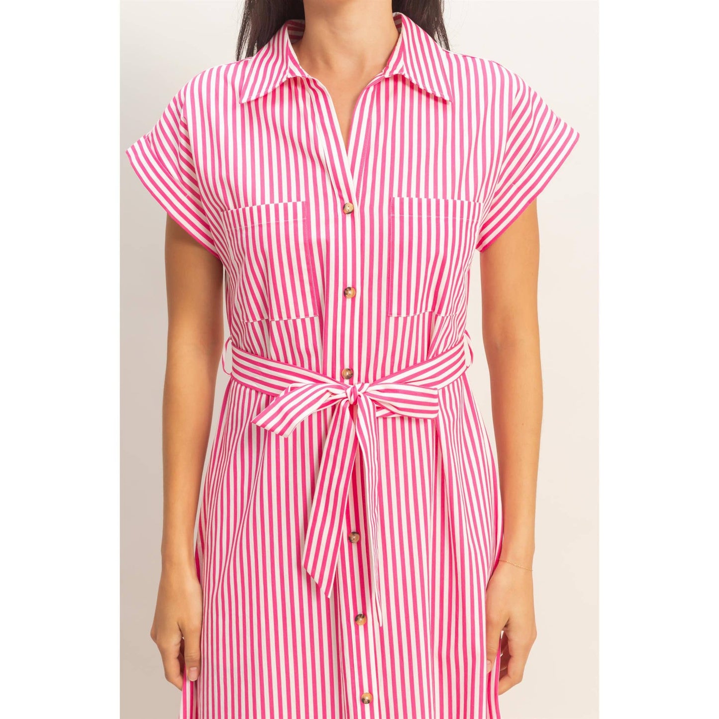Double Zero Striped Poplin Belted Shirt Dress With Pockets Pink
