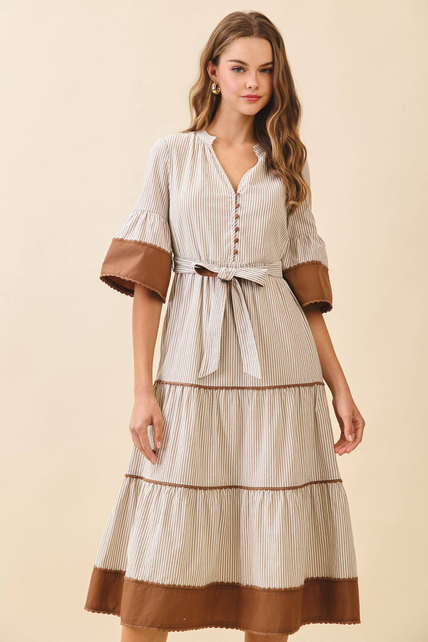 CD06192-Striped Split Neck Contrast Trim Detail Midi Dress