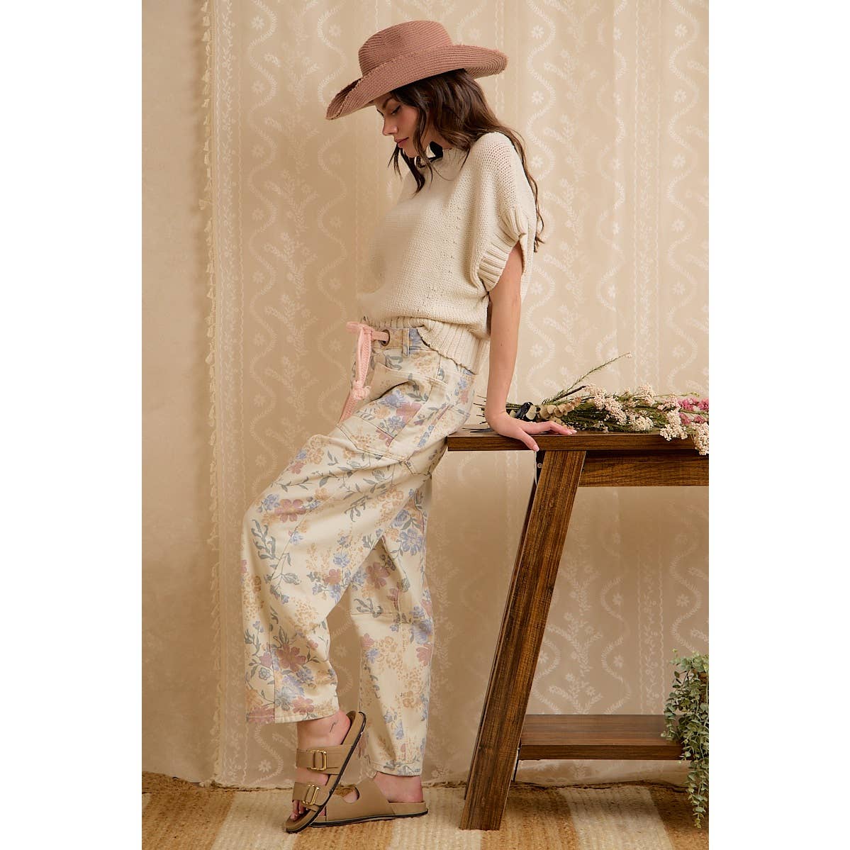 WOMEN VINTAGE WASHED FLORAL COTTON DRAWSTRING PANTS