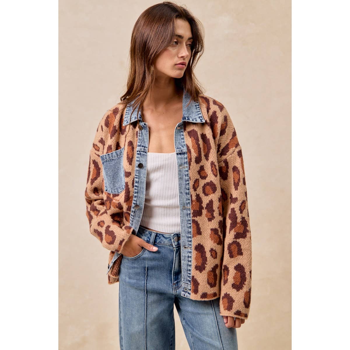 WASHED DENIM MIX AND MATCH LEOPARD SWEATER TOP