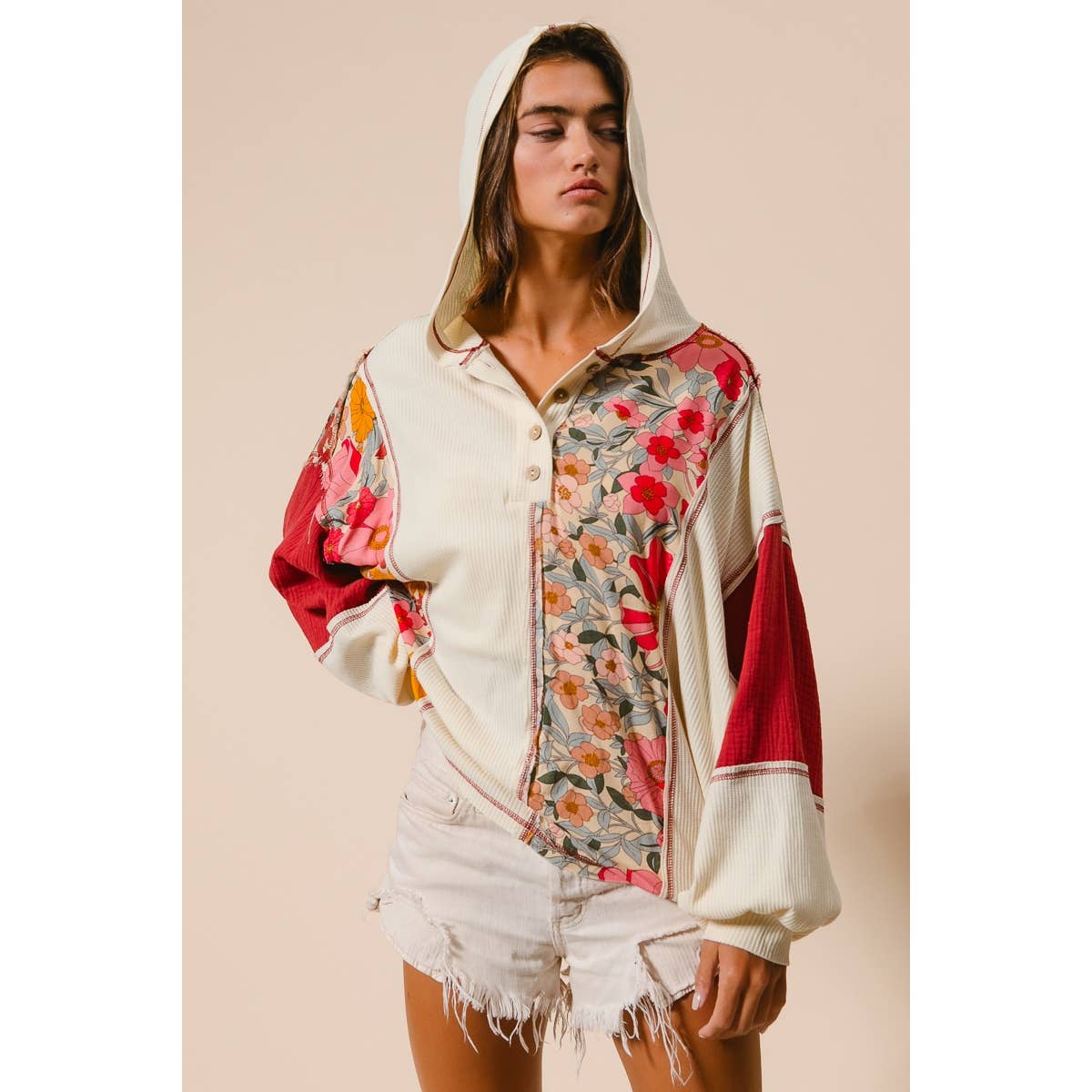 KNIT AND PRINT MIXED HOODIE TOP