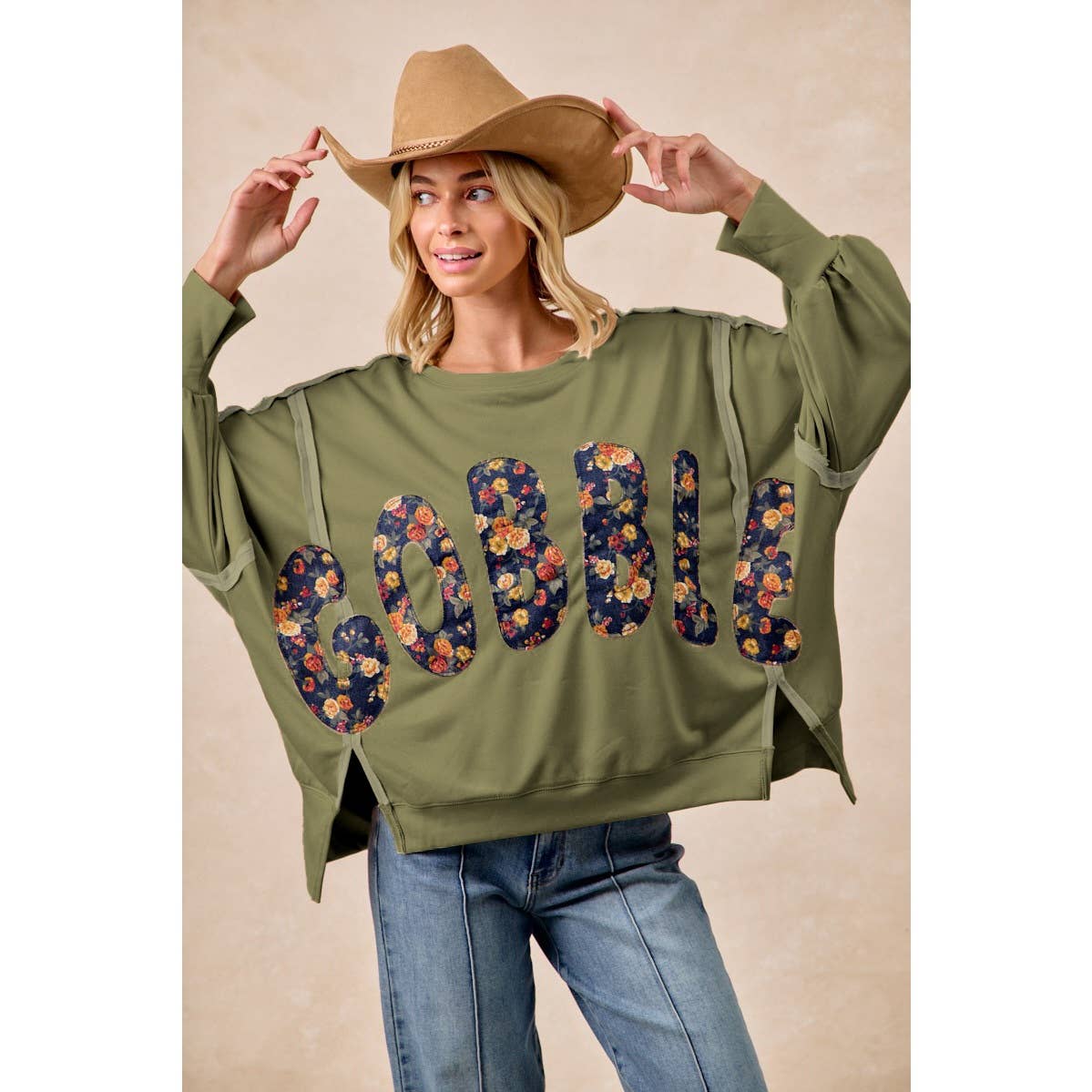 THANKSGIVING GOBBLE LETTER PATCHES SWEATSHIRT