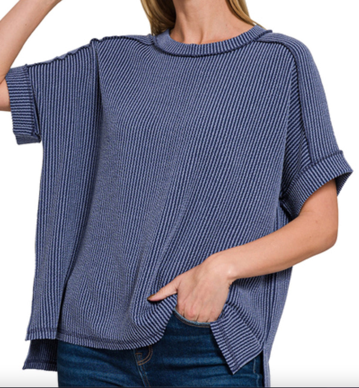 Zenana Raised Rib Cuff Sleeve Raw Edge Top