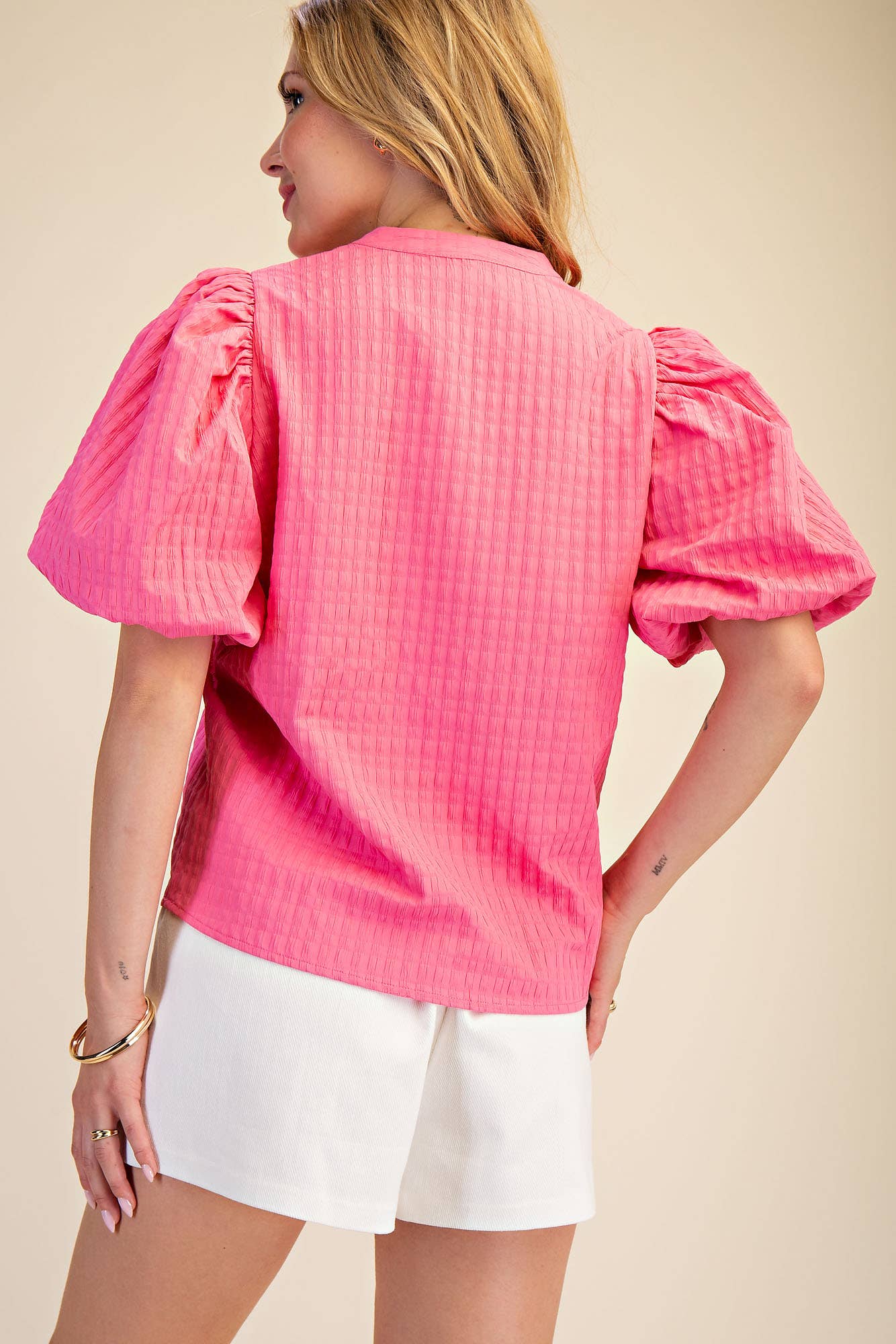 Glam V-Neck Puff-Sleeve Textured Top