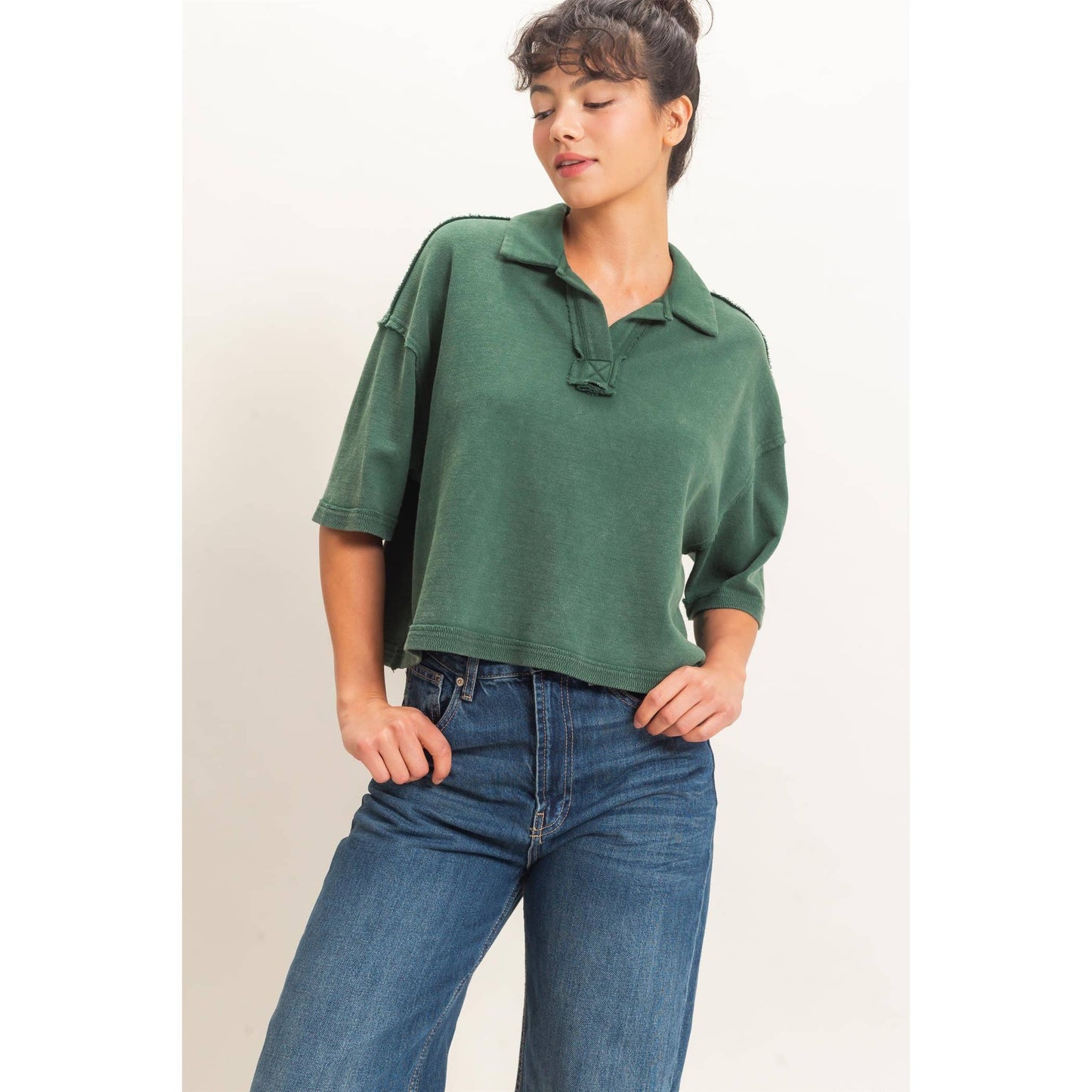 Double Zero Mineral Wash Oversized Collar Short Sleeve Top