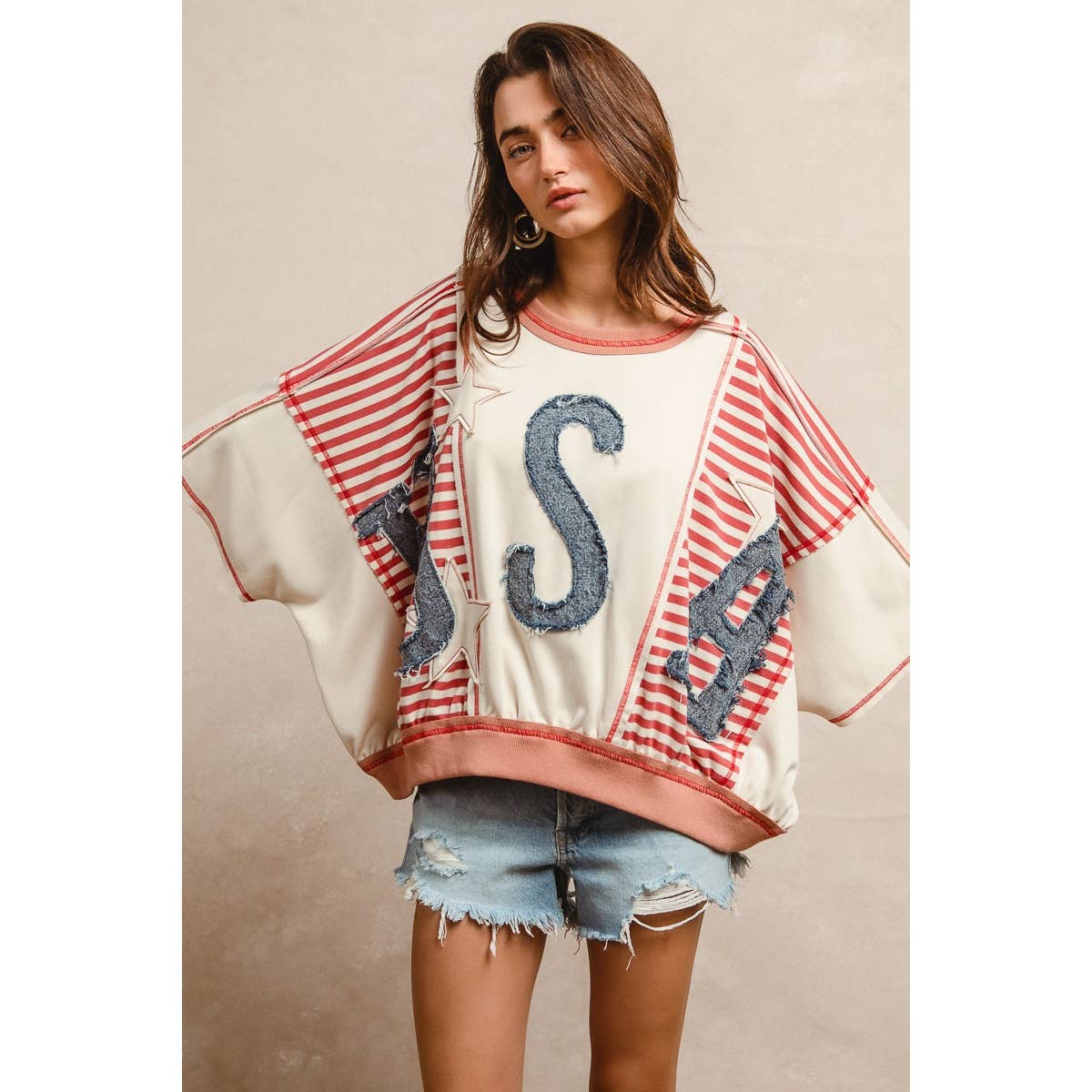 WASHED DENIM USA PATCHWORK STRIPES MIX TOP