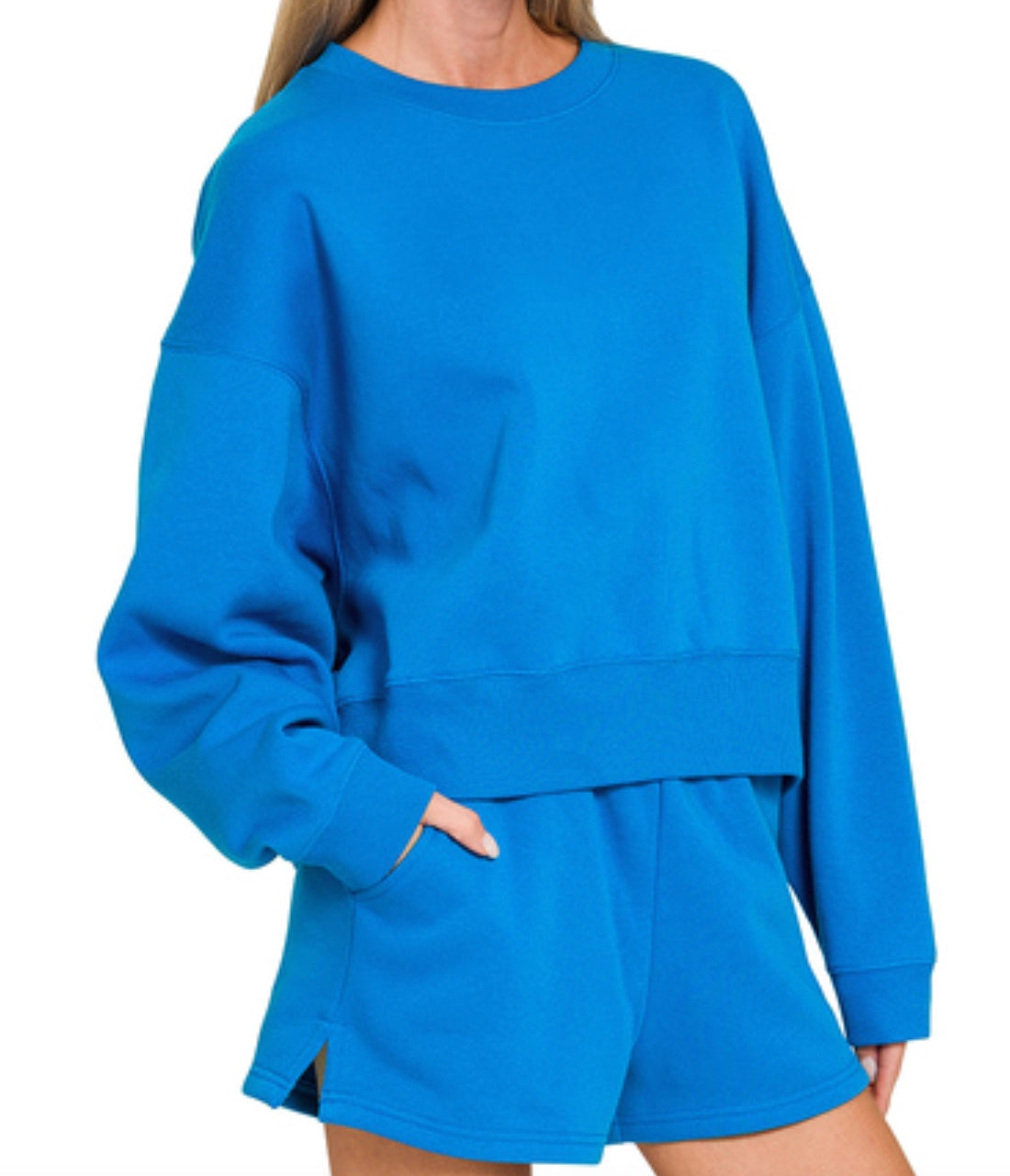 Zenana Fleece Round Neck Pullover & Shorts Set