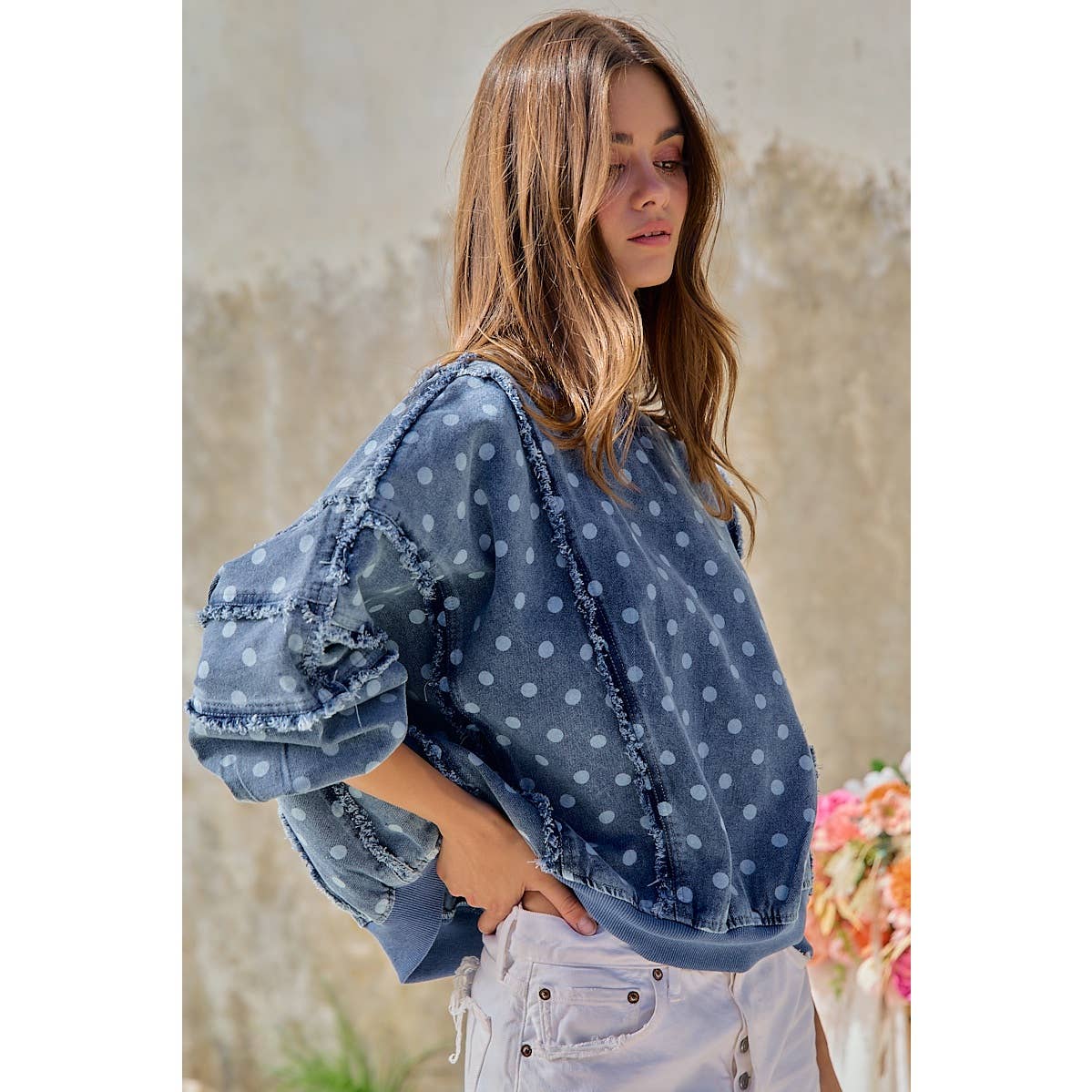 POLKA DOT PRINTED WASHED DENIM FRAYED EDGE DETAIL TOP
