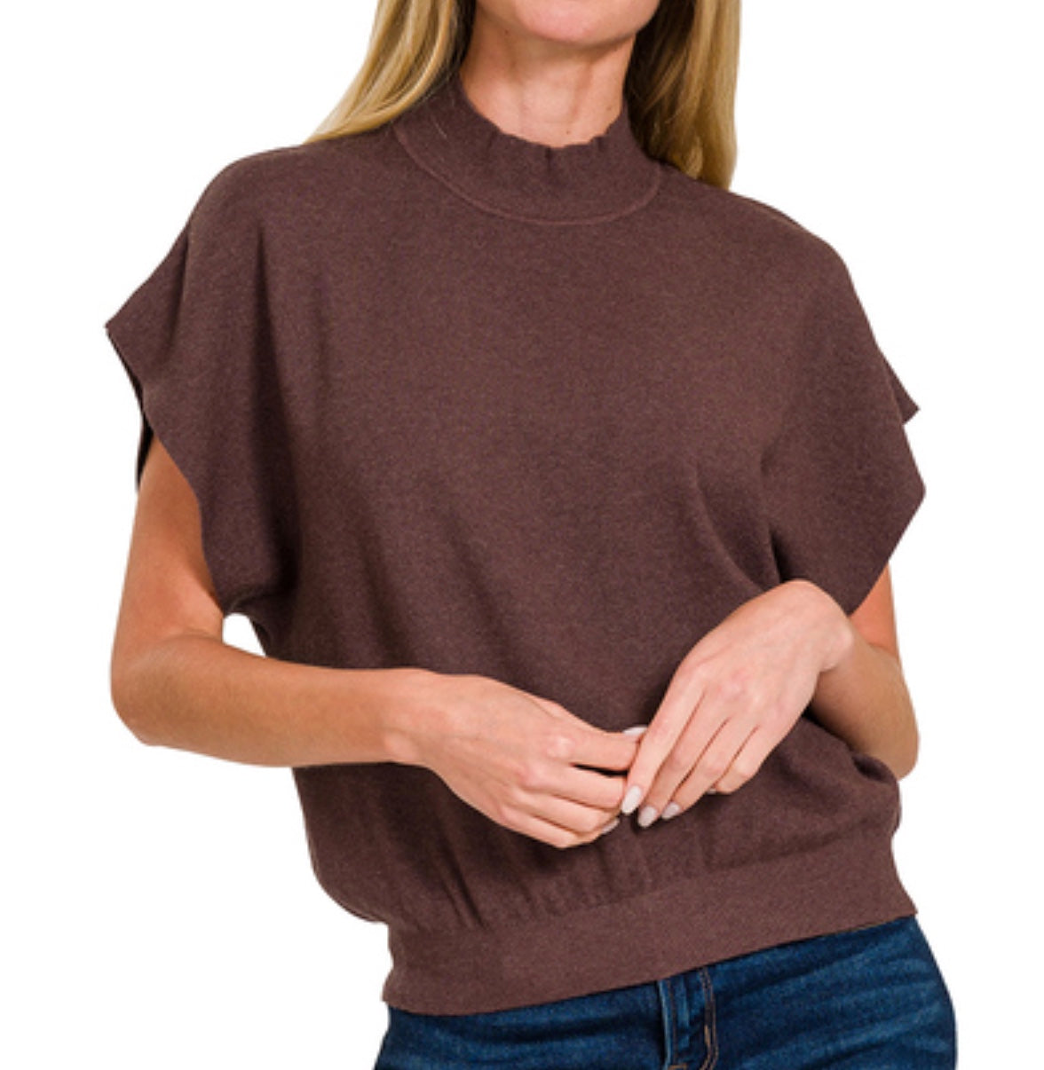 Zenana Mock Neck Short Dolman Sleeve Sweater