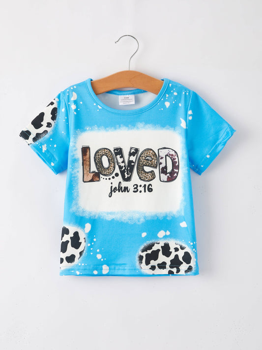 Loved John 3:16 Girl Leopard Letter Bleached Short Sleeve