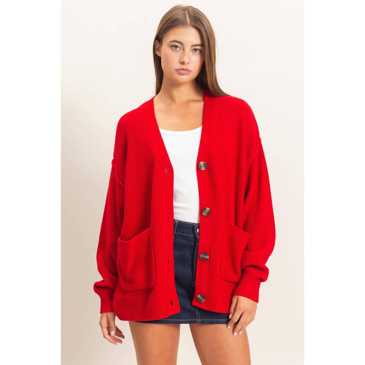 Textured Oversized Knit Buttoned Cardigan