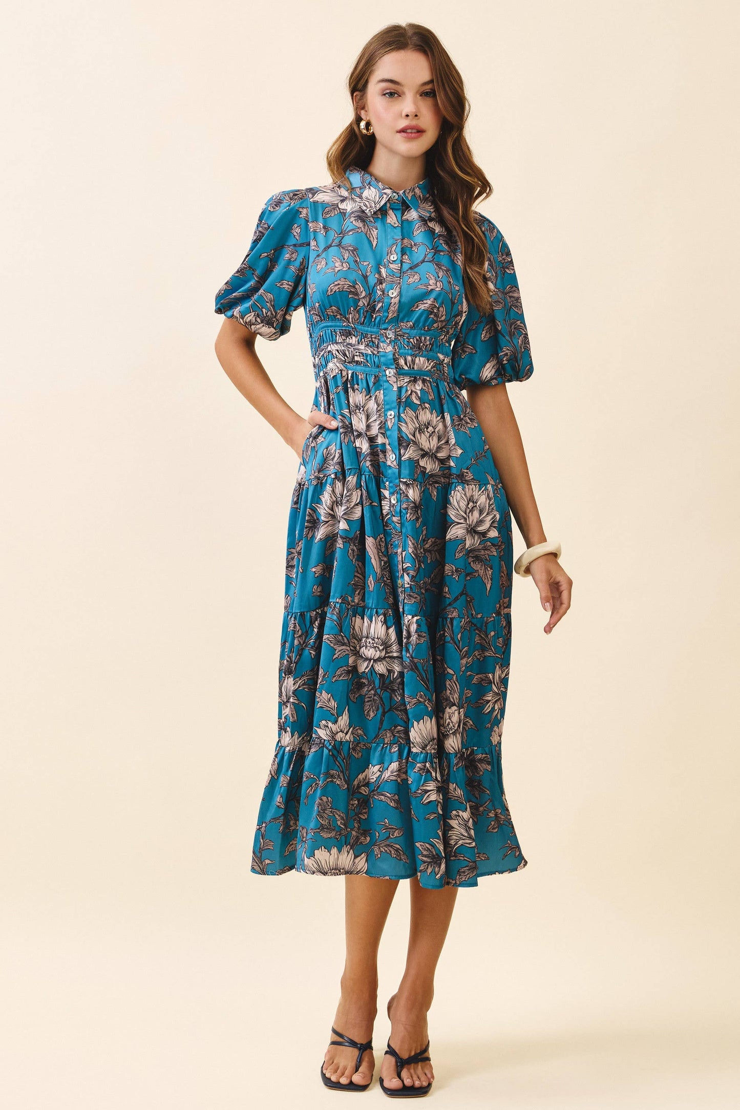CD06279-Floral Print Collared Neck Button Front Dress