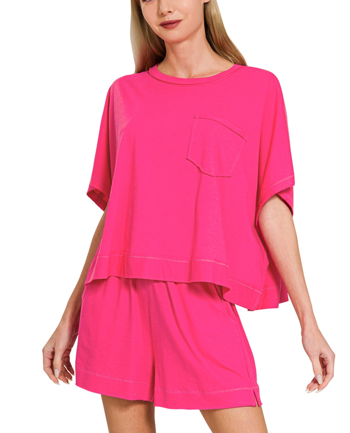 Exposed seam boxy top & shorts set in Hot Pink