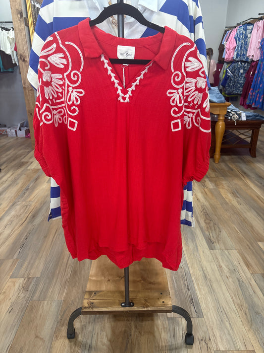 Umgee Embroidered Sleeve Top in Red Plus Size