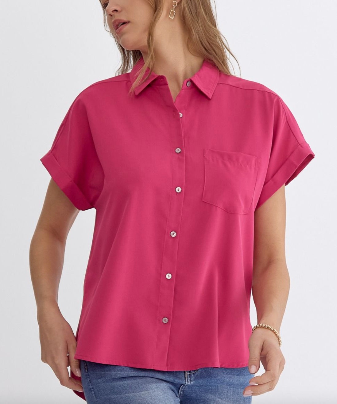 Entro Button Down Collared Top in Hot pink