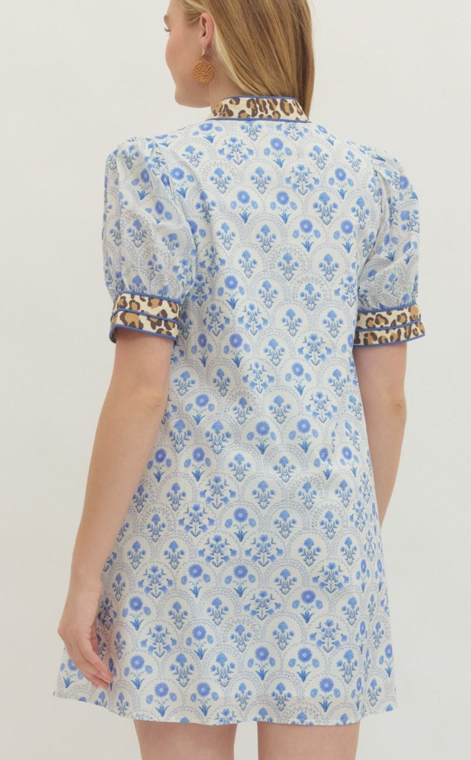 Entro Botanical Print Short Puff Sleeve Mini Dress Contrast Animal Print Trim Pocket Lined