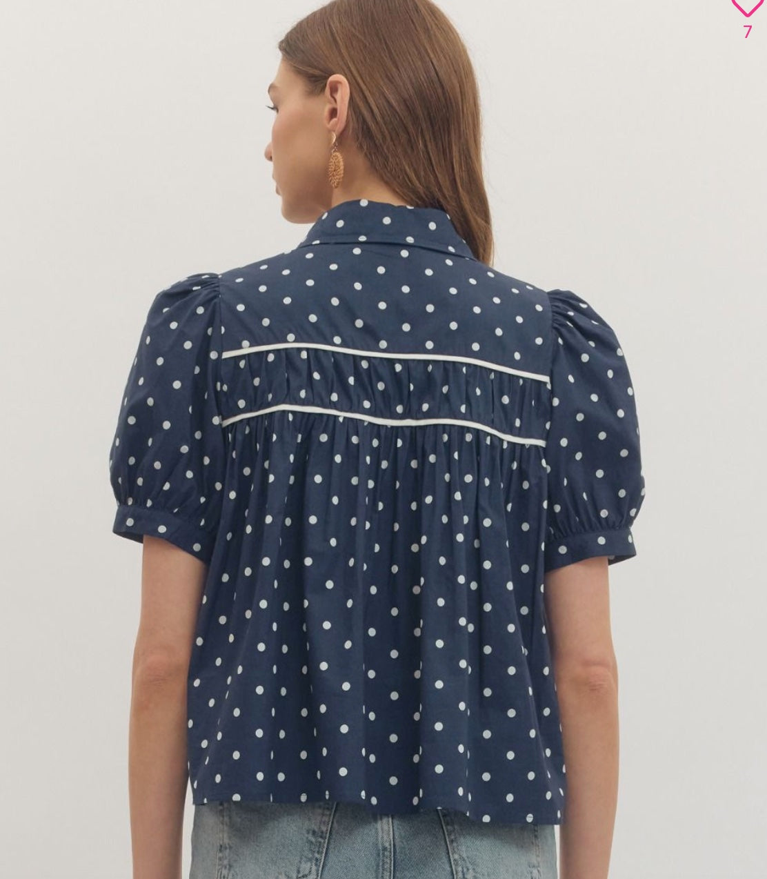 Entro Polka Dot Puff Short Sleeve Top Featuring Contrast Binding Yoke Detail.