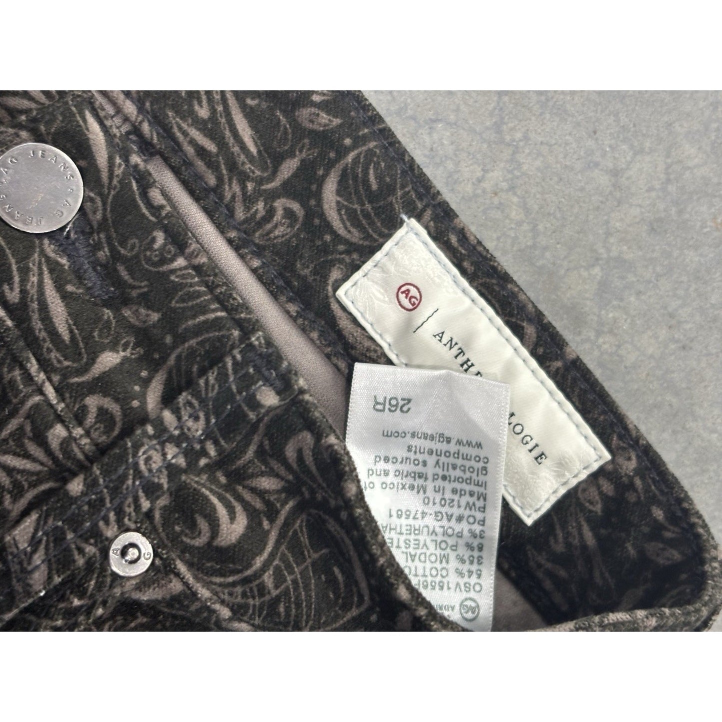 AG For Anthropologie Stevie High Rise Ankle Velvet Pants Paisley Black Size 26