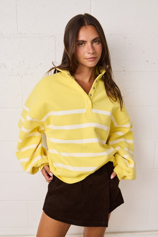 Papermoon Striped Snap Mock Neck Pullover Sporty Stripes