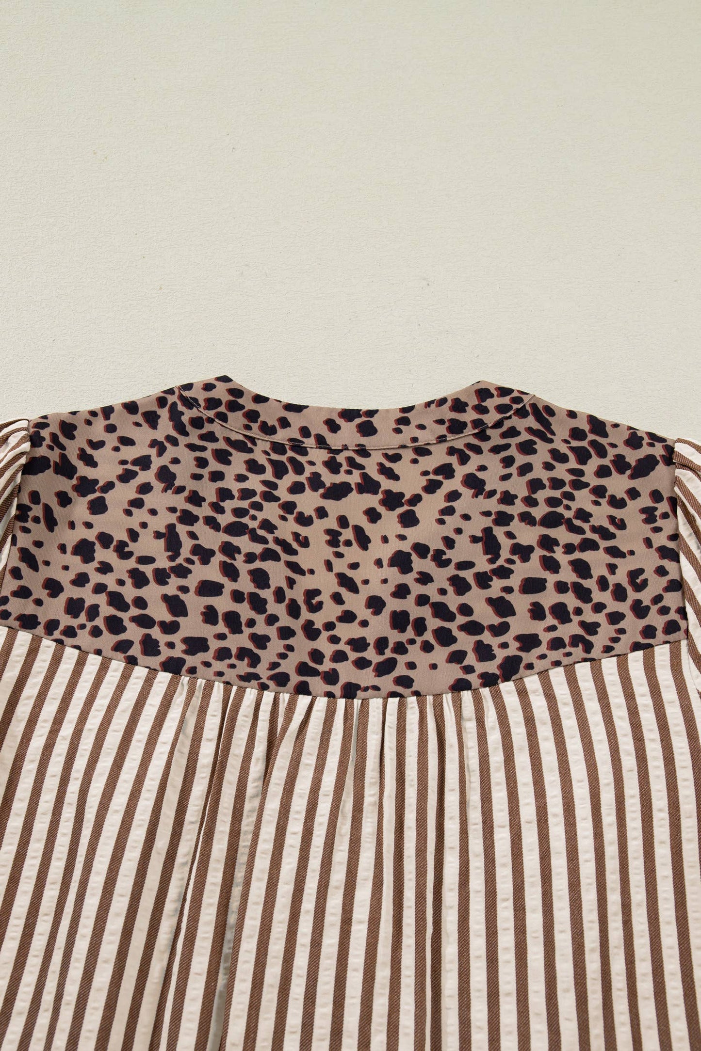 Leopard Trim Button Down Stripe Half Sleeve Shirt (S-XL)