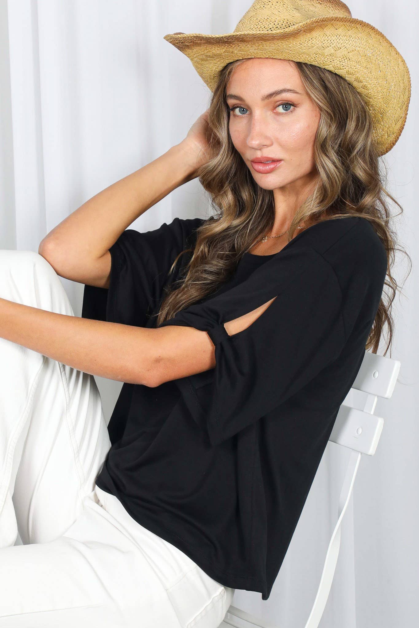 Tie Accent Sleeve Soft Casual T-Shirt Top