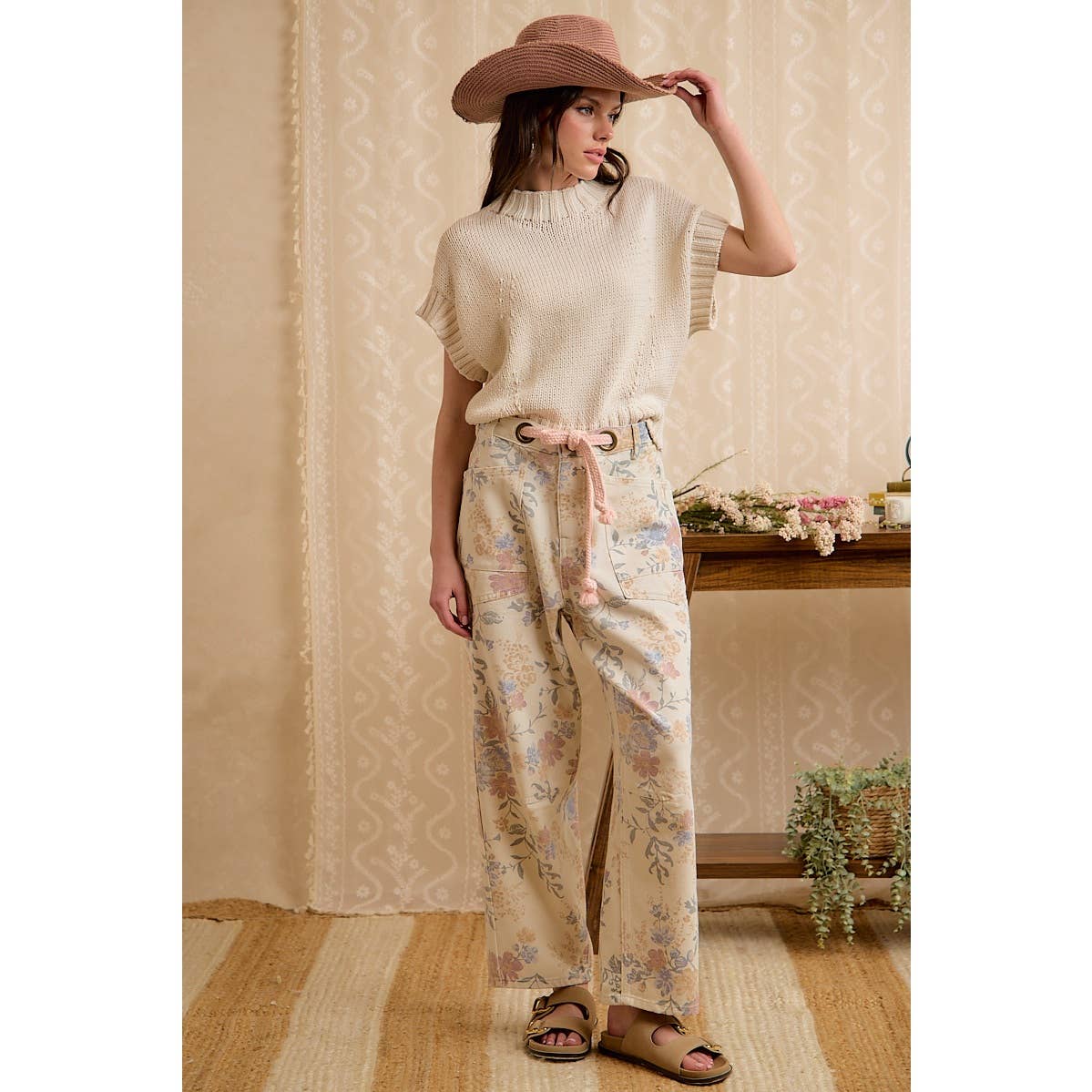 WOMEN VINTAGE WASHED FLORAL COTTON DRAWSTRING PANTS