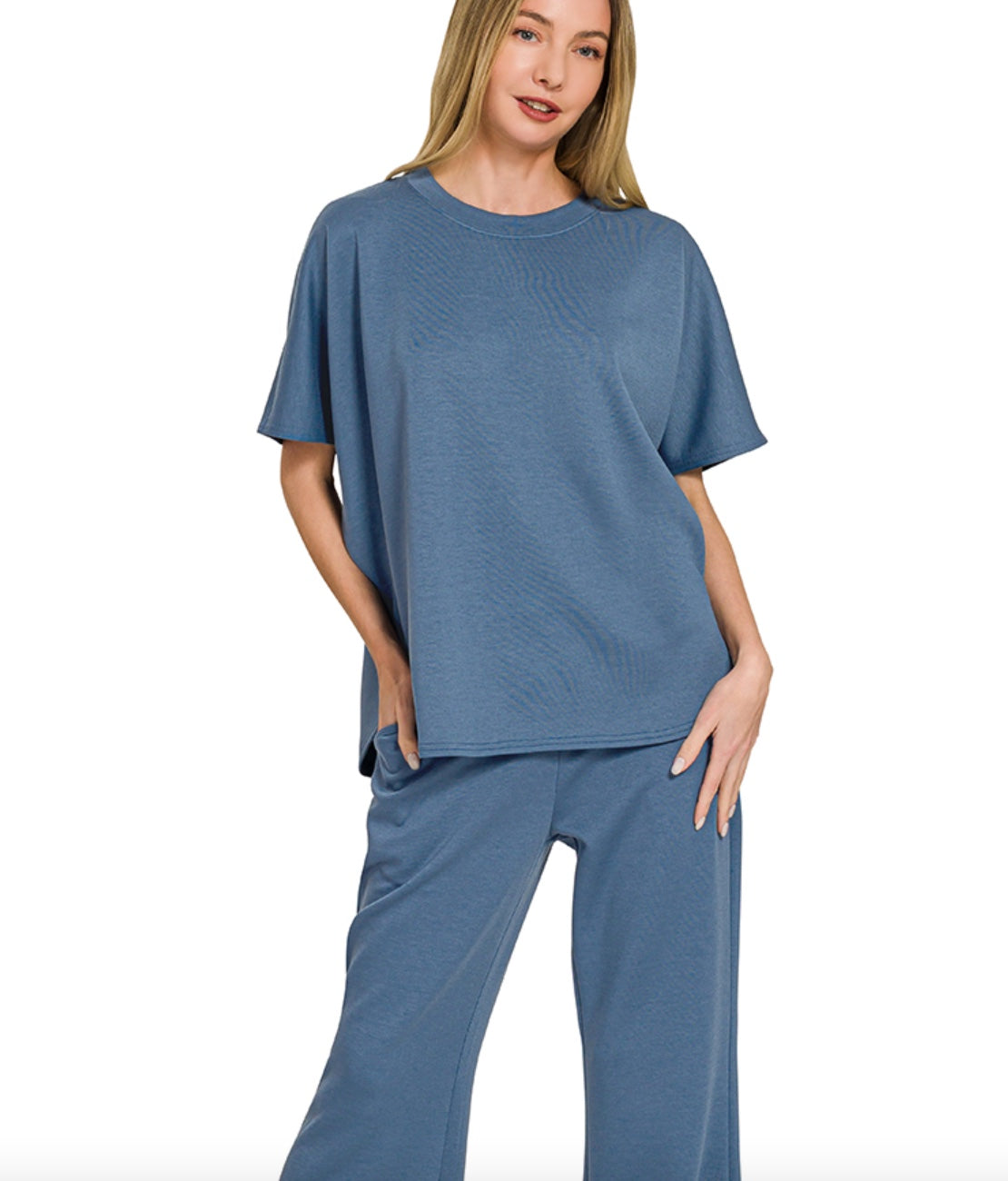 Zenana Scuba Curved Hem Top & Pants Set in Dusty Blue