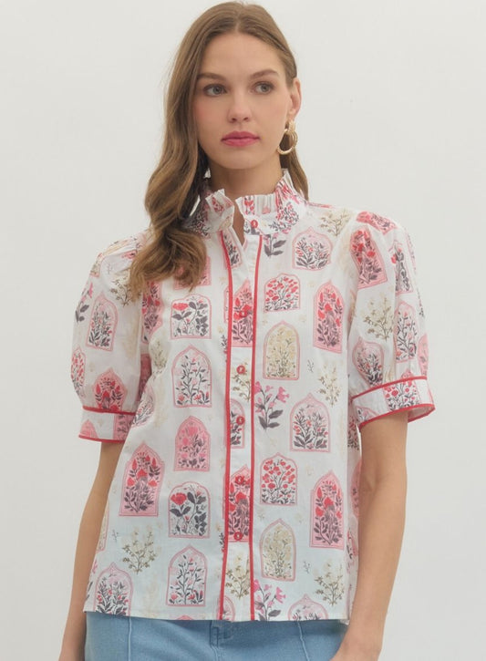 Entro Botanical Print Short Puff Sleeve Ruffled Mock Neck Button Front