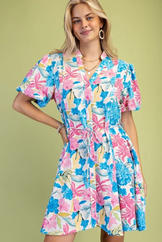 GiGio Bright Floral Print Button Down Dress with Flaired Skirt