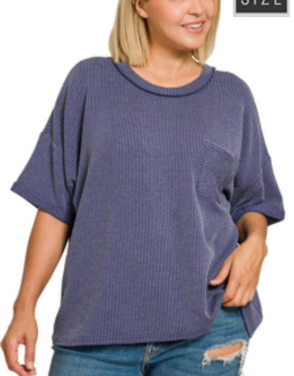 Zenana Plus raised rib short sleeve front pocket top in Navy