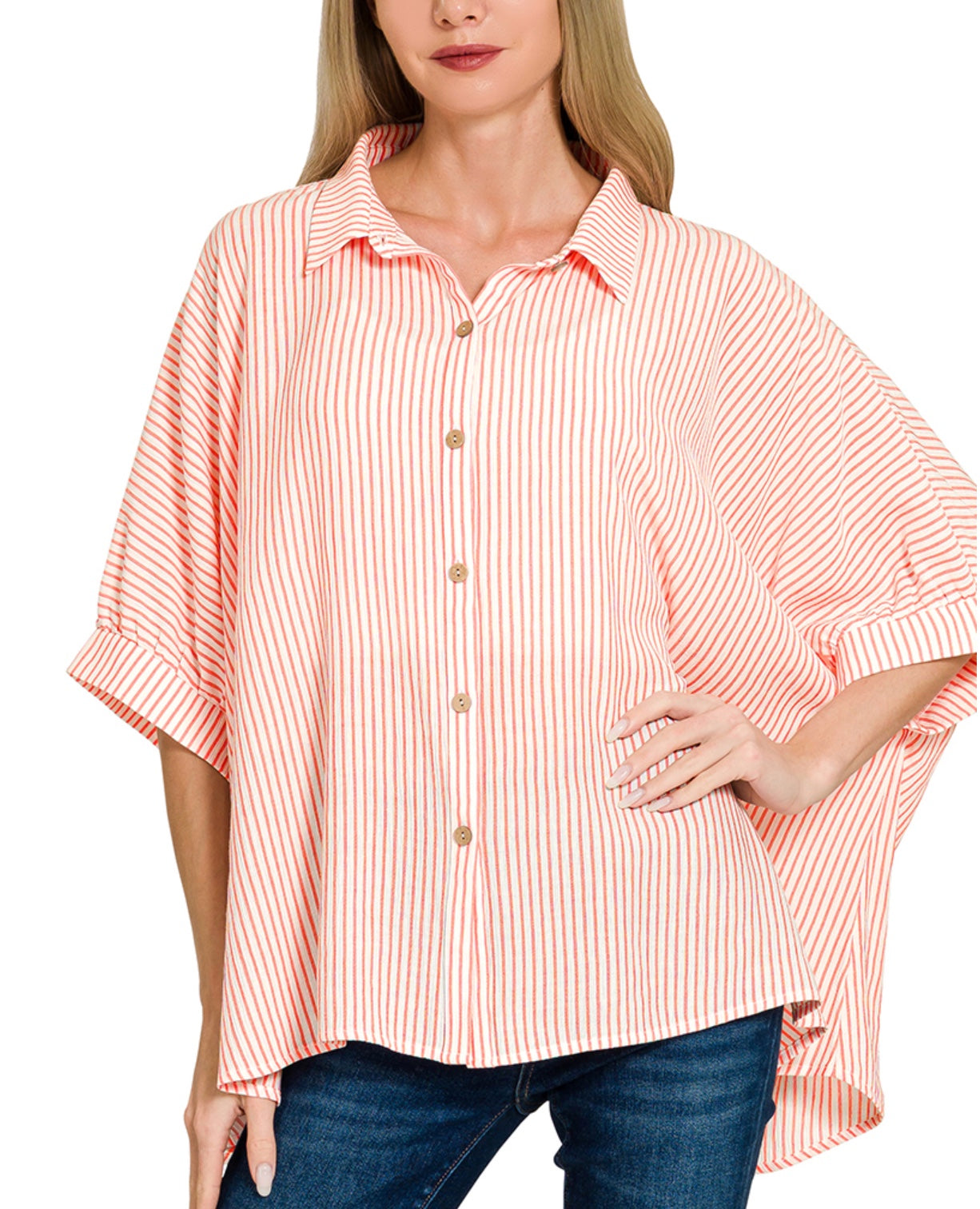 Woven stripe button down boxy top coral