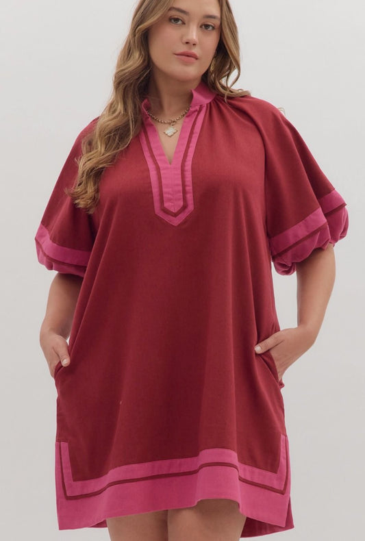 Entro Plus Size Solid Contrast Lantern Sleeves Slit Hem Split Collar Pockets Lined Dress