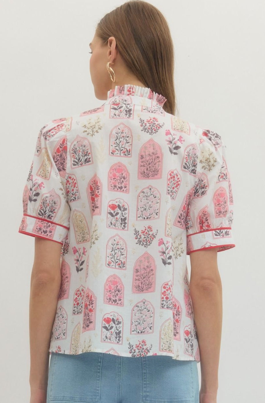Entro Botanical Print Short Puff Sleeve Ruffled Mock Neck Button Front