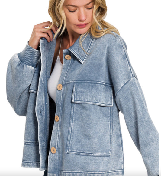 Zenana Acid Washe Fleece Front Pocket Cropped Shacket