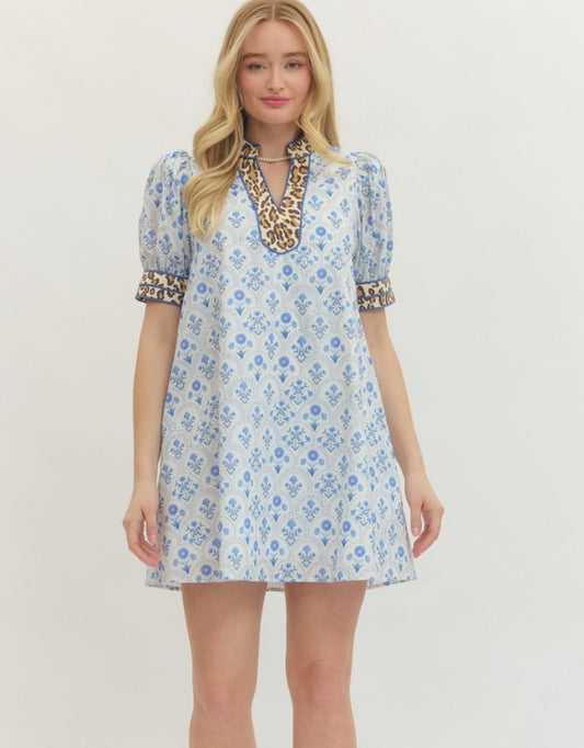 Entro Botanical Print Short Puff Sleeve Mini Dress Contrast Animal Print Trim Pocket Lined