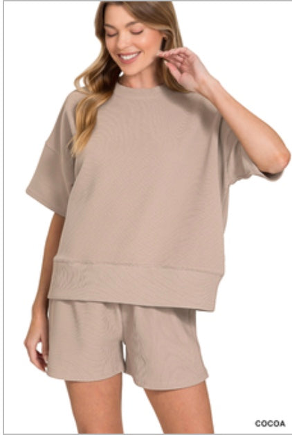 Zenana Ribbed round neck waist banded tee &amp; shorts set Cocoa