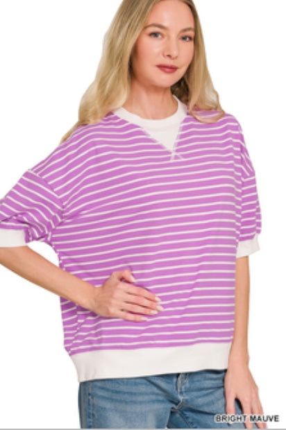 Zenana Striped Rib Banded Pullover Bright Mauve