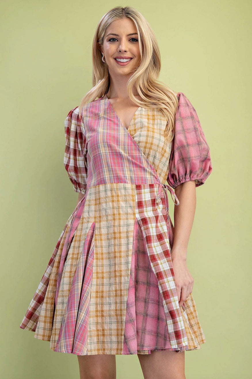 Gigio Mixed Check Print Mini Wrap Dress