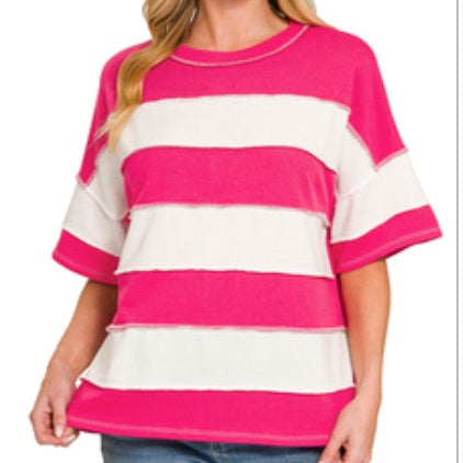 Zenana French terry striped exposed seam top Hot Pink