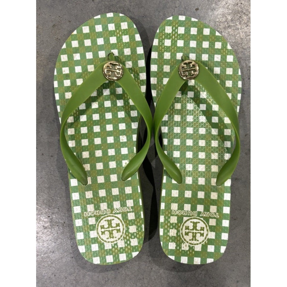 Tory Burch Green Checkered Wedge Flip Flop Size 8