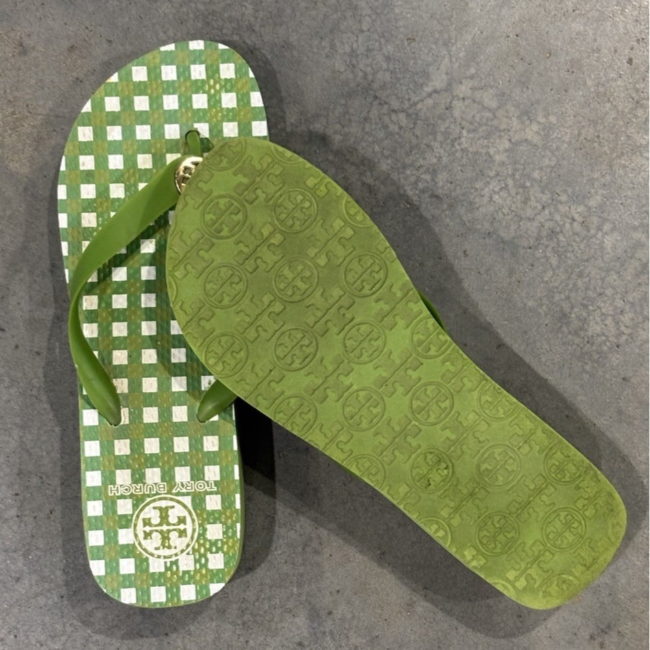 Tory Burch Green Checkered Wedge Flip Flop Size 8