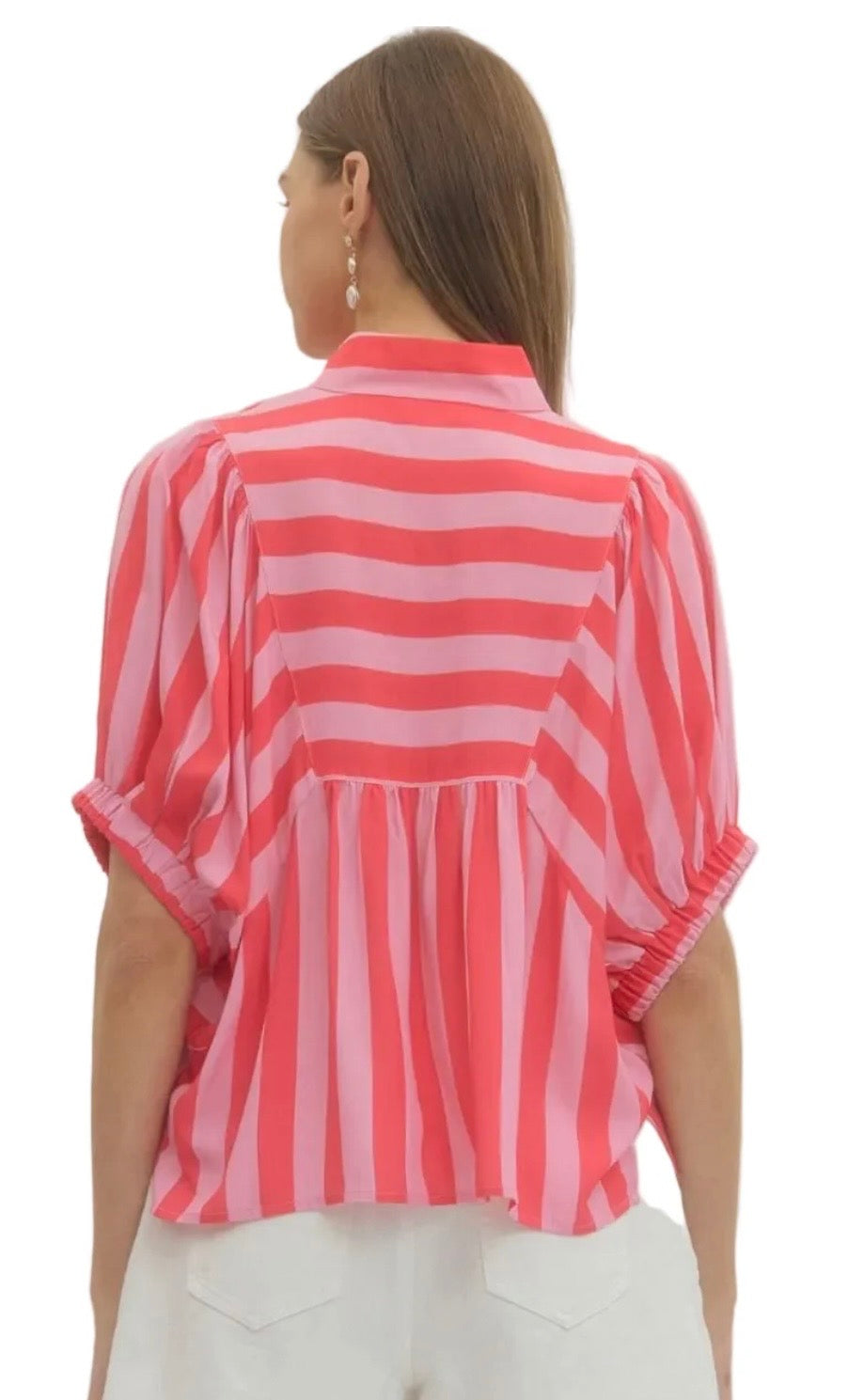 Entro Stripe Print Pink Dolman V-neck Detail