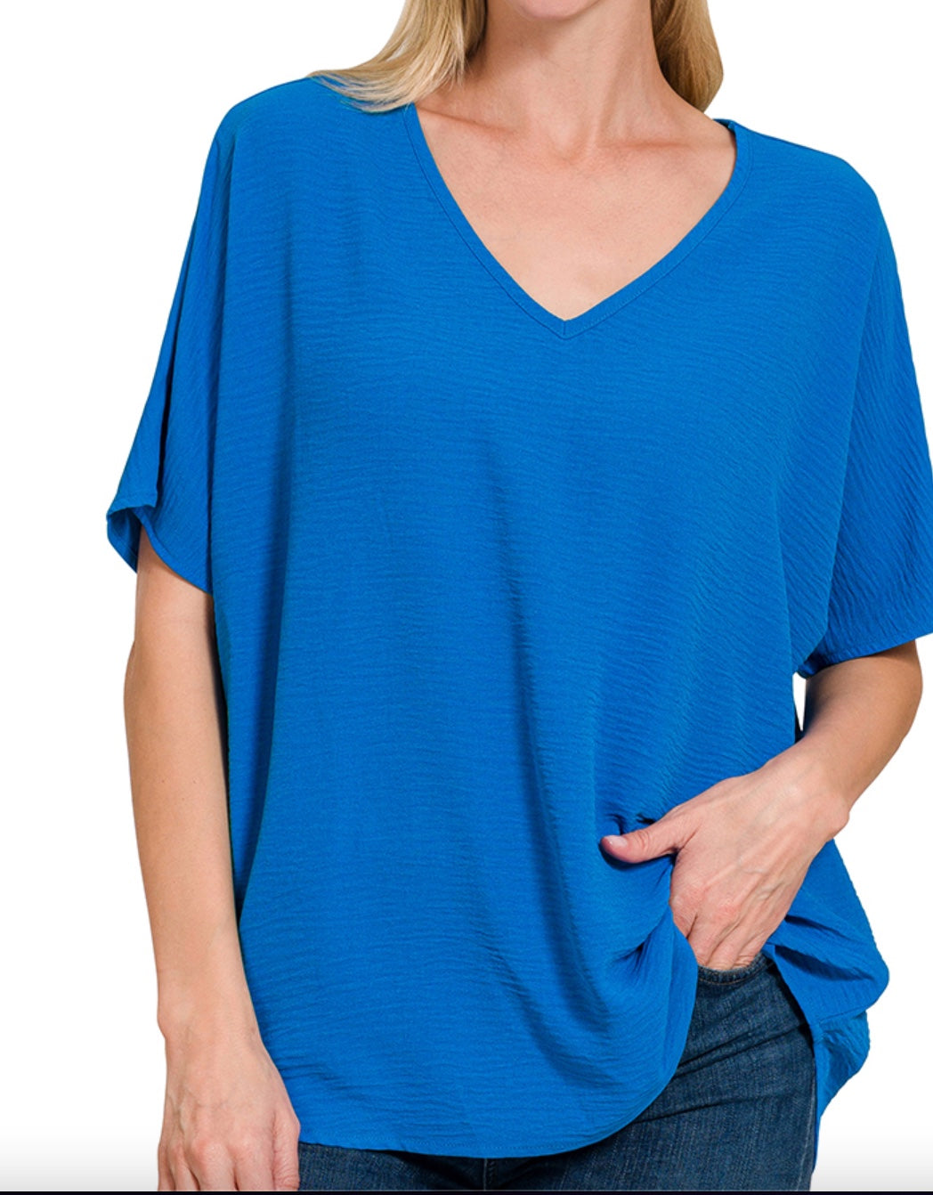 Zenana Woven Airflow V-Neck Short Sleeve Top