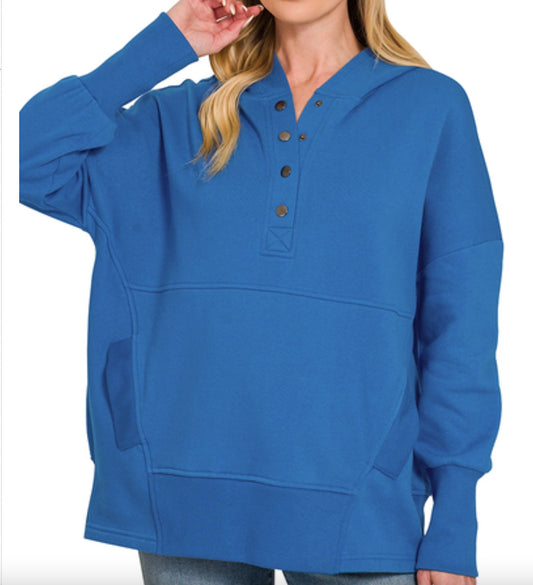 Zenana Fleece Half-Snap Button Hooded Sweatshirts