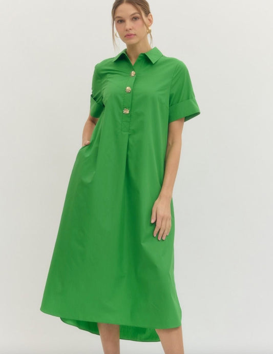 Entro Solid Short Sleeve Midi Dress Featuring Shirt Collar and Snap button Closure at Front in Green