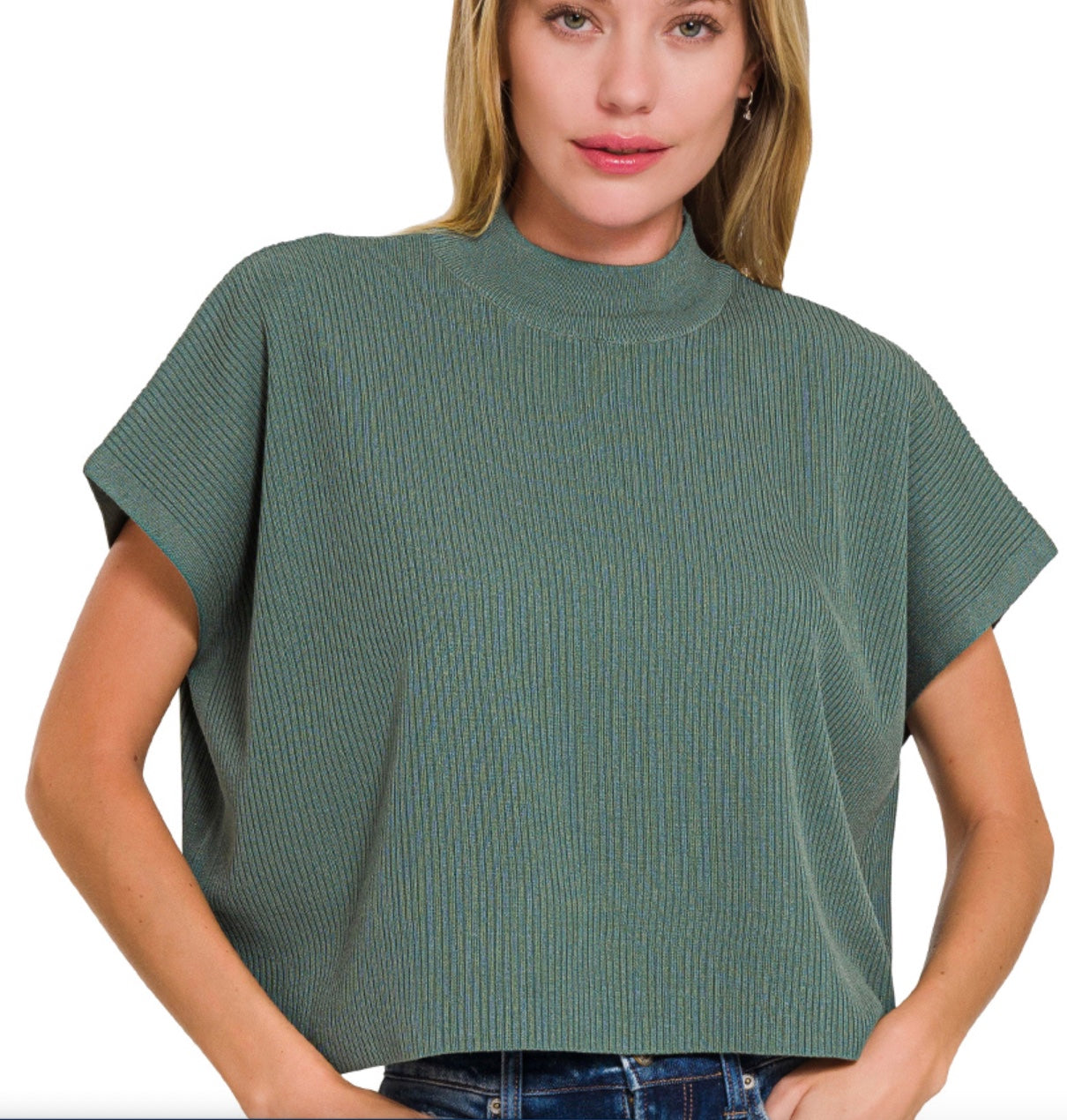 Zenana Viscose Mock Neck Short Sleeve Boxy Sweater