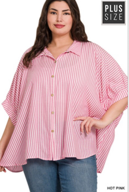 Zenana Plus Oversized Striped Short Sleeve Button Up Shirt Hot Pink