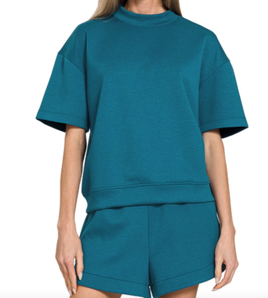 Zenana Scuba High Neck Top & Dolphin Shorts Set in Teal