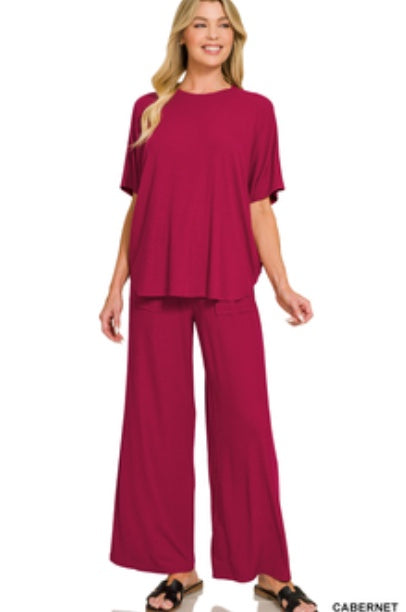 Zenana Ribbed Rayon Relaxed Fit Top & Pants Set Cabernet